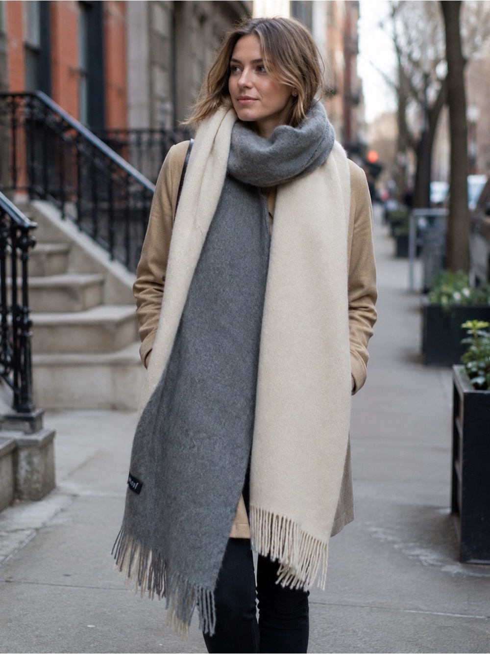 RW&CO. Two-Tone Gray and Cream Wool Wrap Scarf